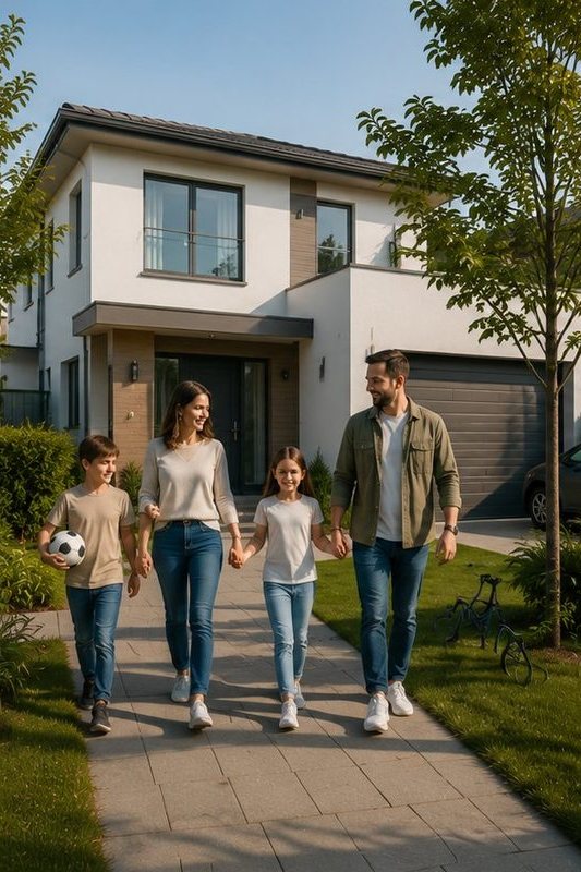 Família em frente a uma moradia