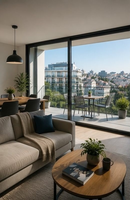 Sala de apartamento com vista para a cidade