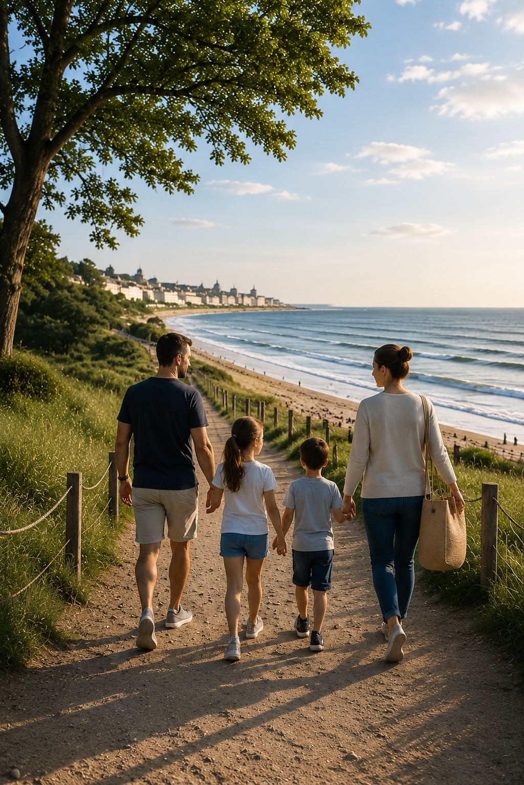 Família caminhando junto ao mar